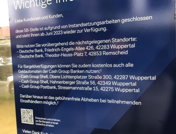 Deutsche Bank in Ronsdorf: SB-Stelle ab Juni 2023 wieder verfügbar